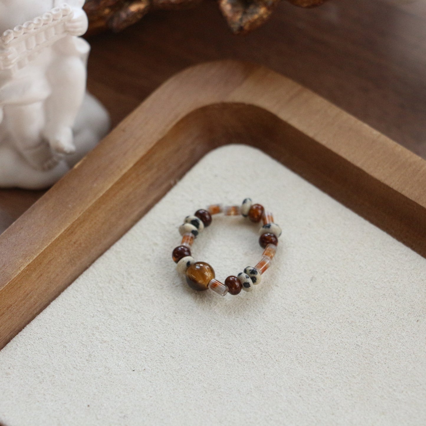 Lulou Organic Natural Stone & Tiger's Eye Beaded Couple Gift Ring