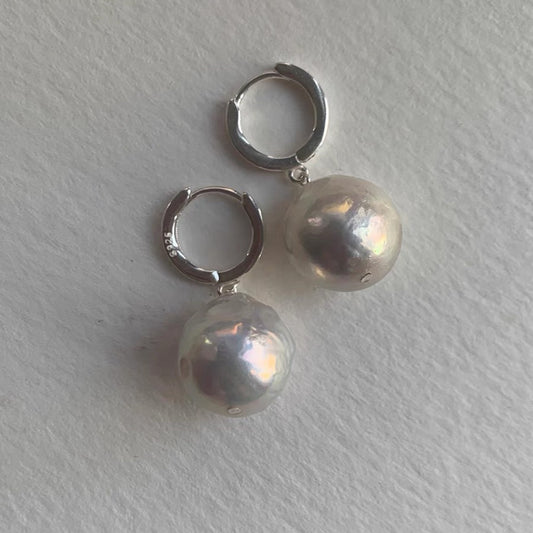 Lulou Natural Silver-Grey Edison Baroque Pearl S925 Sterling Silver Hoop Drop Earrings