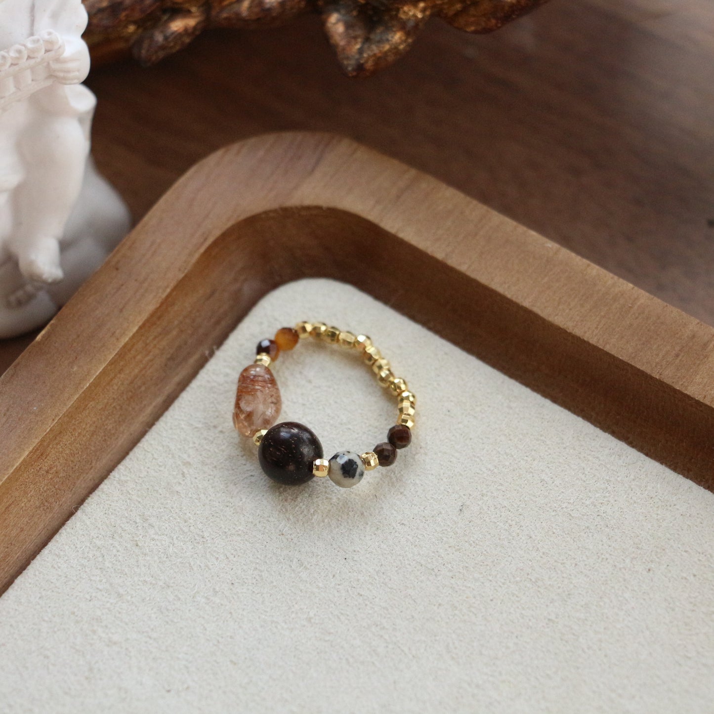 Lulou Organic Natural Stone & Tiger's Eye Beaded Couple Gift Ring