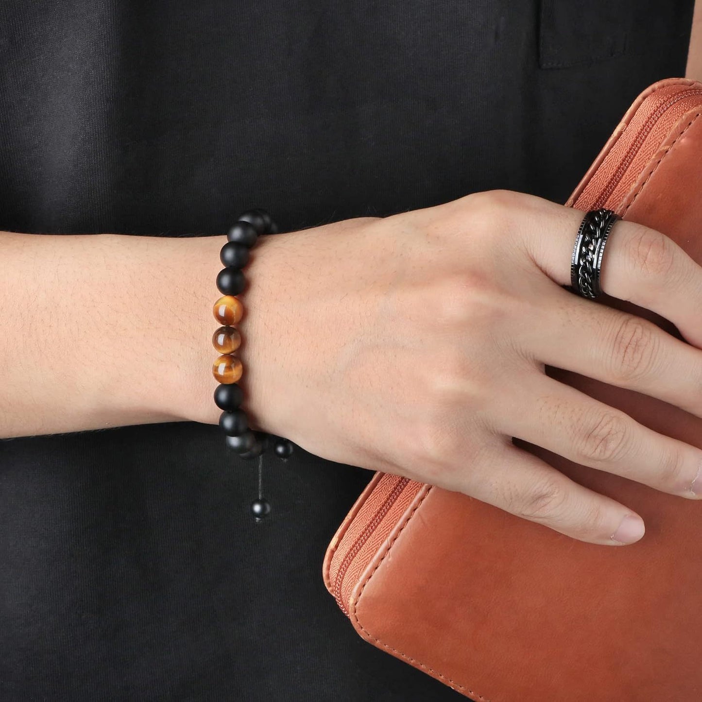 ルロウ セリーン ミニマル ナチュラル オブシディアン＆タイガーアイ ストーン ビーズ カップル ギフト ブレスレット