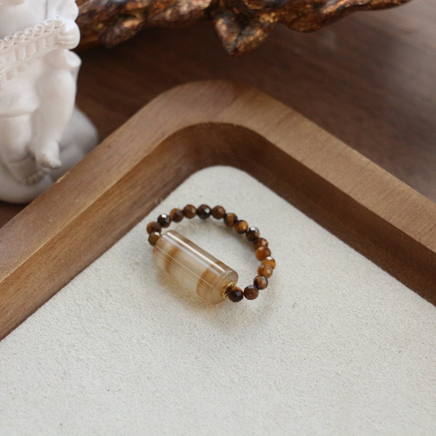 Lulou Organic Natural Stone & Tiger's Eye Beaded Couple Gift Ring