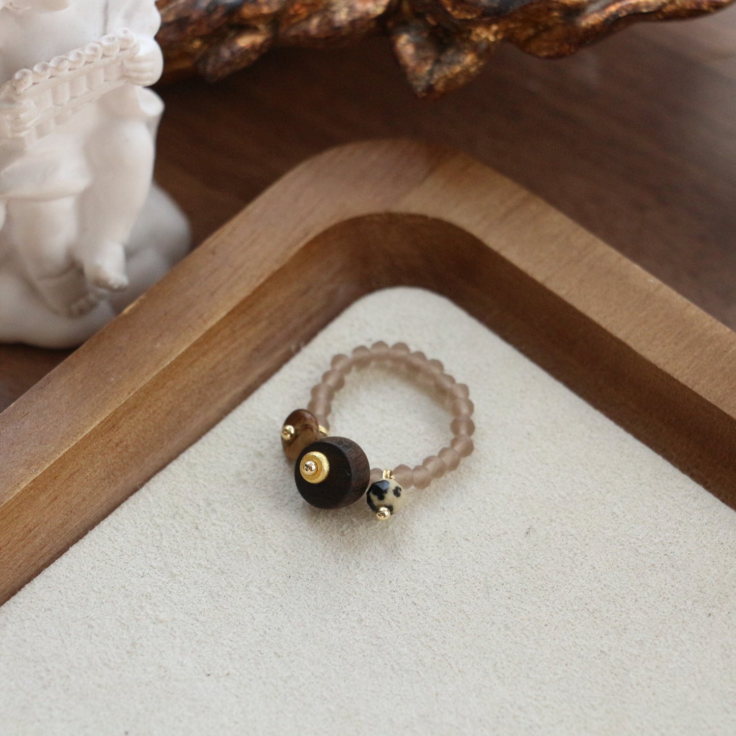Lulou Organic Natural Stone & Tiger's Eye Beaded Couple Gift Ring