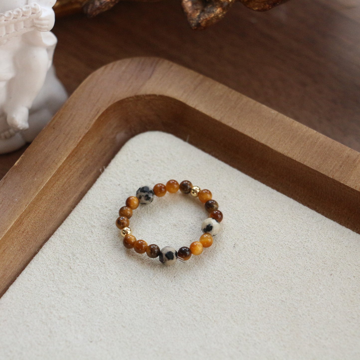 Lulou Organic Natural Stone & Tiger's Eye Beaded Couple Gift Ring