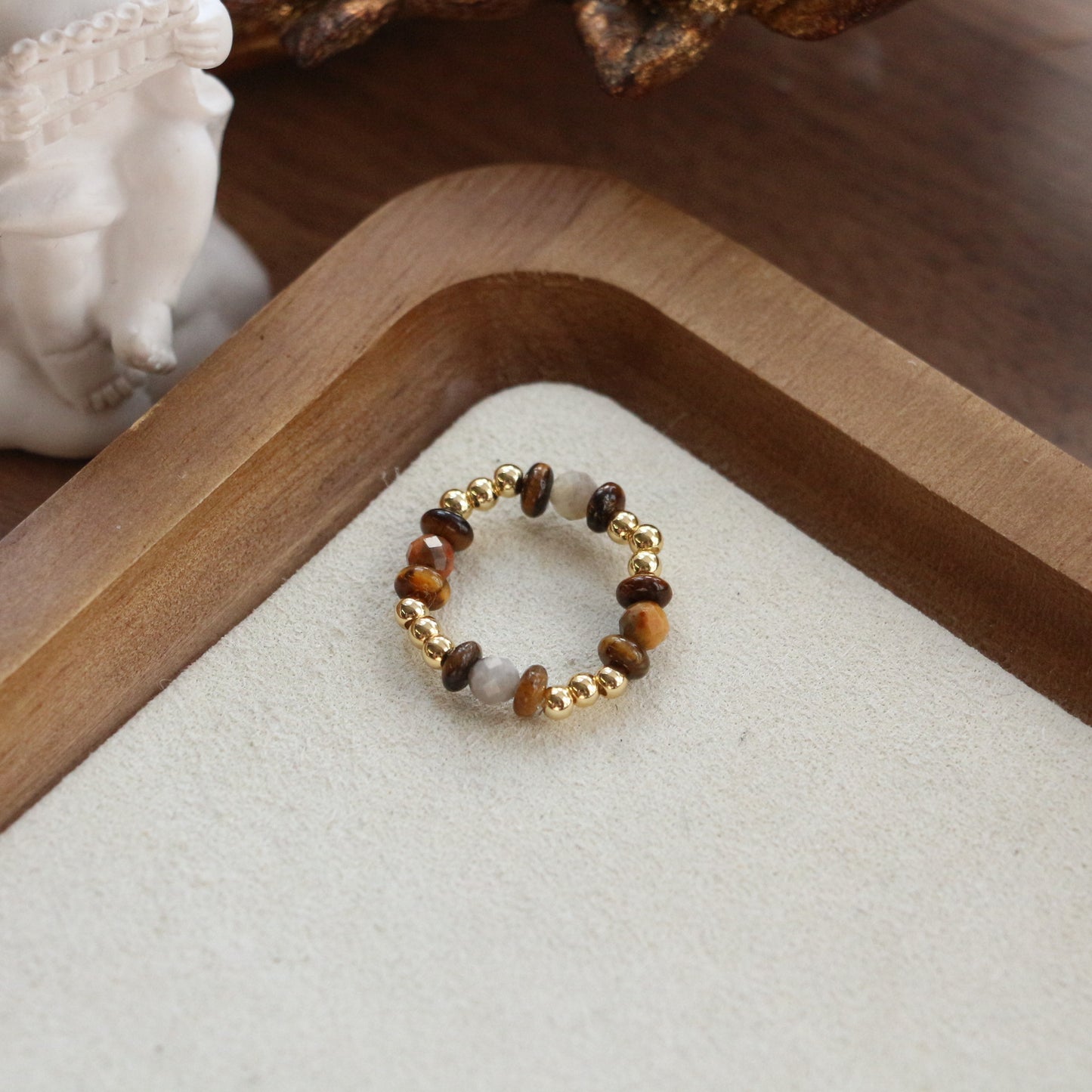 Lulou Organic Natural Stone & Tiger's Eye Beaded Couple Gift Ring
