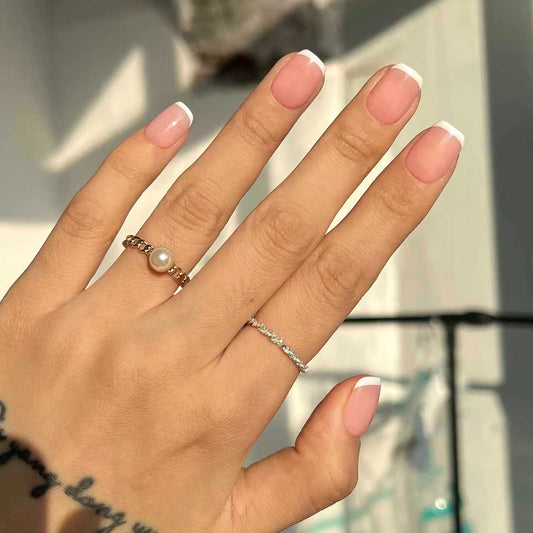 Pink Short Square-Lulou Classic White French Tip Press On Nails Glueless Easy Apply Reusable 10PCS - Salon Quality Glueless Fake Nails for Women Trend 2025