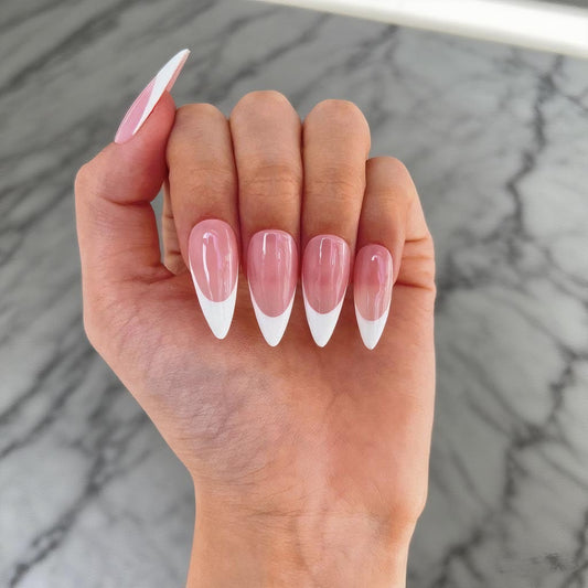Pink Long Almond-Lulou Classic White French Tip Press On Nails Glueless Easy Apply Reusable 10PCS - Salon Quality Glueless Fake Nails for Women Trend 2025