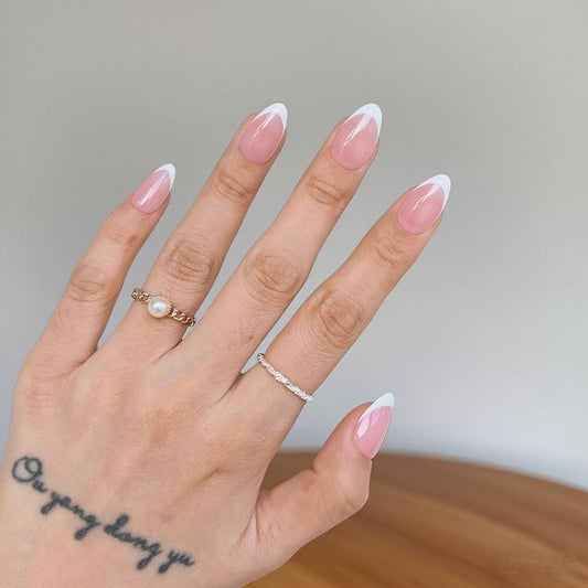 Pink Short Almond-Lulou Classic White French Tip Press On Nails Glueless Easy Apply Reusable 10PCS - Salon Quality Glueless Fake Nails for Women Trend 2025
